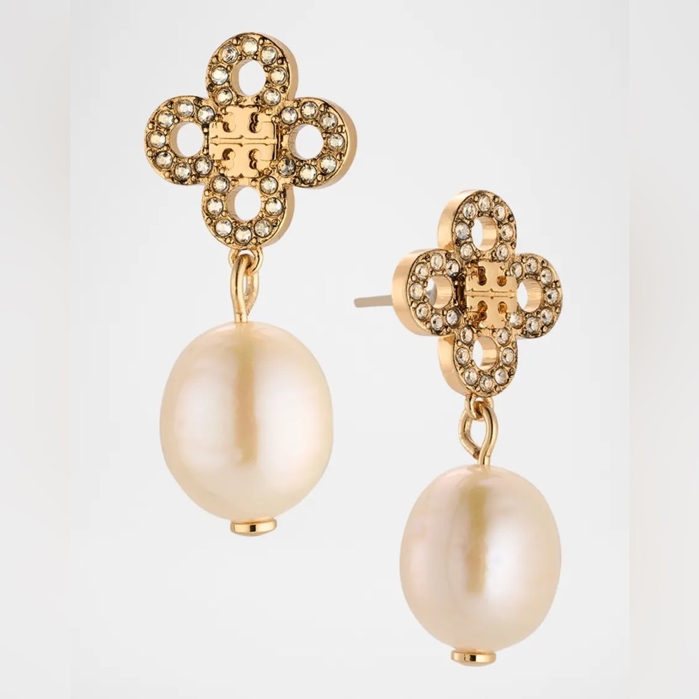 NWT Tory Burch Kira Clover Pearl Drop Earrings Old Money Quiet Luxury Classic